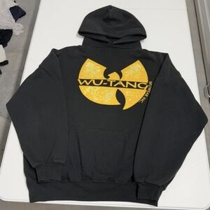 Vintage Wu-Tang Clan Wu Wear Inc Black Graphic Hoodie Sweatshirt Distressed Logo